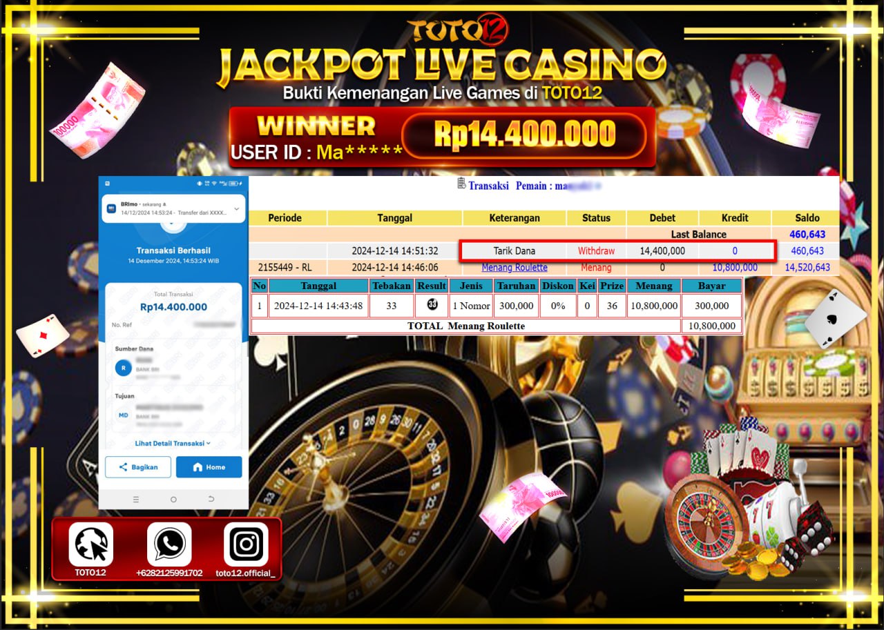 HANYA DI TOTO12 JP PASTI DI BAYAR LUNAS DAN CEPAT!!!!!! JACKPOT LIVE GAMES CASINO (ROULETTE) Rp.14.400.000 !!!!