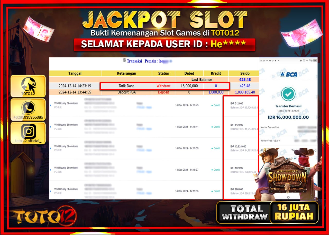 HANYA DI TOTO12 JP PASTI DI BAYAR LUNAS DAN CEPAT!!!!!! JACKPOT SLOT GAME (WILD BOUNTY SHOWDOWN) Rp.16.000.000 !!!!