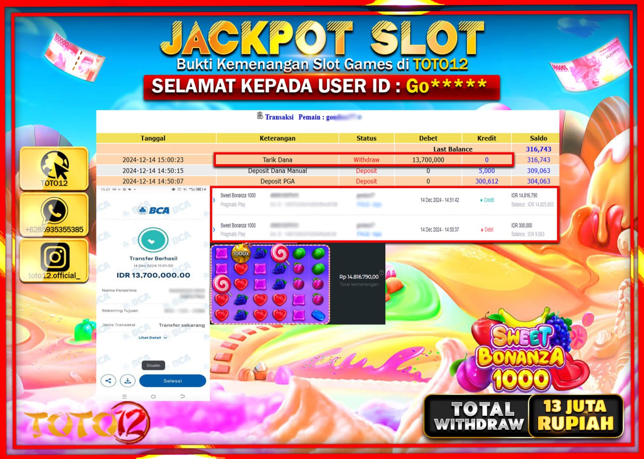 HANYA DI TOTO12 JP PASTI DI BAYAR LUNAS DAN CEPAT!!!!!! JACKPOT SLOT GAME (SWEET BONANZA 1000) Rp.13.000.000 !!!!