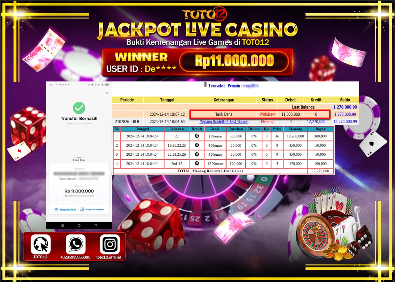 HANYA DI TOTO12 JP PASTI DI BAYAR LUNAS DAN CEPAT!!!!!! JACKPOT LIVE GAMES CASINO (ROULETTE 2 FAST) Rp.11.000.000 !!!!