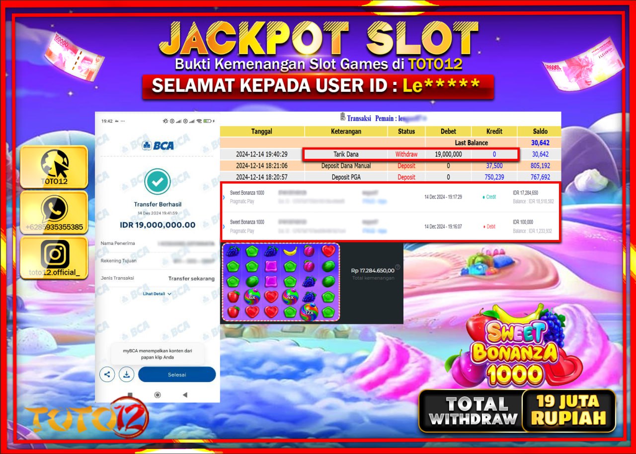 HANYA DI TOTO12 JP PASTI DI BAYAR LUNAS DAN CEPAT!!!!!! JACKPOT SLOT GAME (SWEET BONANZA 1000) Rp.19.000.000 !!!!