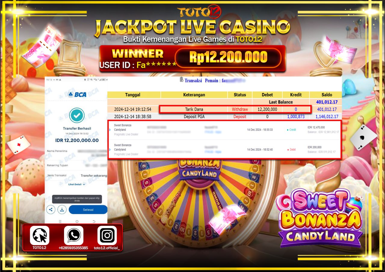 HANYA DI TOTO12 JP PASTI DI BAYAR LUNAS DAN CEPAT!!!!!! JACKPOT LIVE GAMES CASINO (SWEET BONANZA CANDY LAND) Rp.12.200.000 !!!!