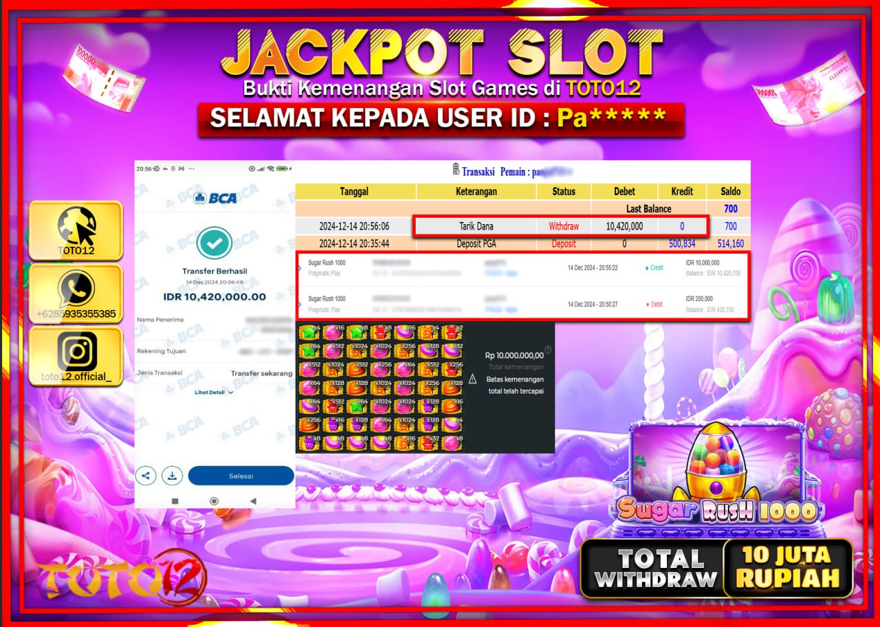 HANYA DI TOTO12 JP PASTI DI BAYAR LUNAS DAN CEPAT!!!!!! JACKPOT SLOT GAME (SUGAR RUSH 1000) Rp.10.000.000 !!!!