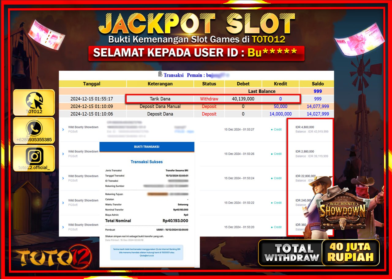 HANYA DI TOTO12 JP PASTI DI BAYAR LUNAS DAN CEPAT!!!!!! JACKPOT SLOT GAME (WILD BOUNTY SHOWDOWN) Rp.40.000.000 !!!!