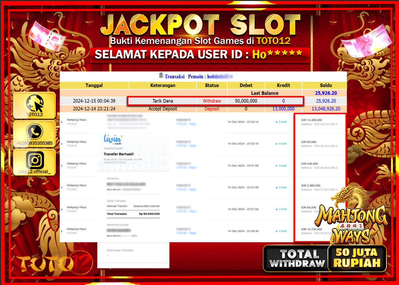 HANYA DI TOTO12 JP PASTI DI BAYAR LUNAS DAN CEPAT!!!!!! JACKPOT SLOT GAME (MAHJONG WAYS) Rp.50.000.000 !!!!