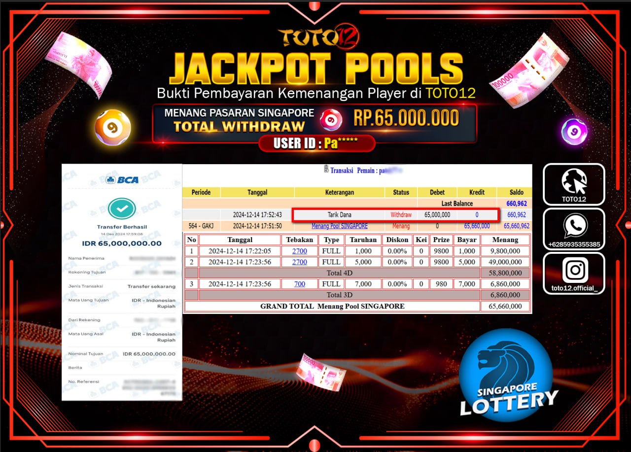 HANYA DI TOTO12 JP PASTI DI BAYAR LUNAS DAN CEPAT!!!!!! JACKPOT POOLS PASARAN (SINGAPORE) Rp.65.000.000 !!!!