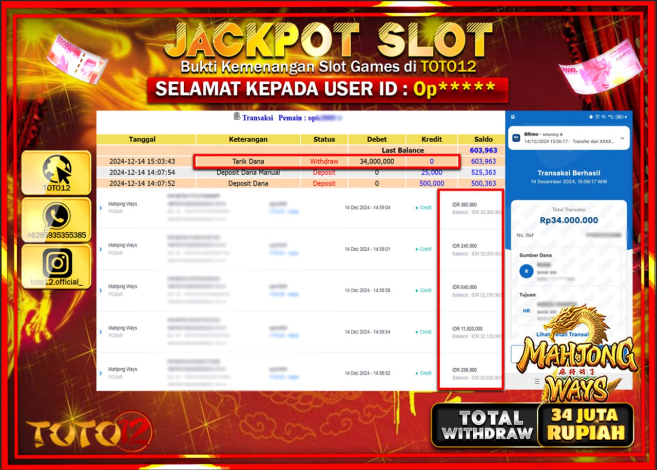 HANYA DI TOTO12 JP PASTI DI BAYAR LUNAS DAN CEPAT!!!!!! JACKPOT SLOT GAME (MAHJONG WAYS) Rp.34.000.000 !!!!