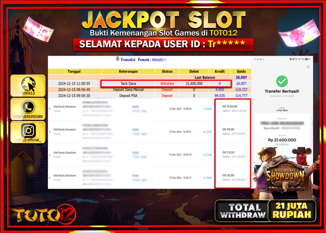 HANYA DI TOTO12 JP PASTI DI BAYAR LUNAS DAN CEPAT!!!!!! JACKPOT SLOT GAME (WILD BOUNTY SHOWDOWN) Rp.21.000.000 !!!!