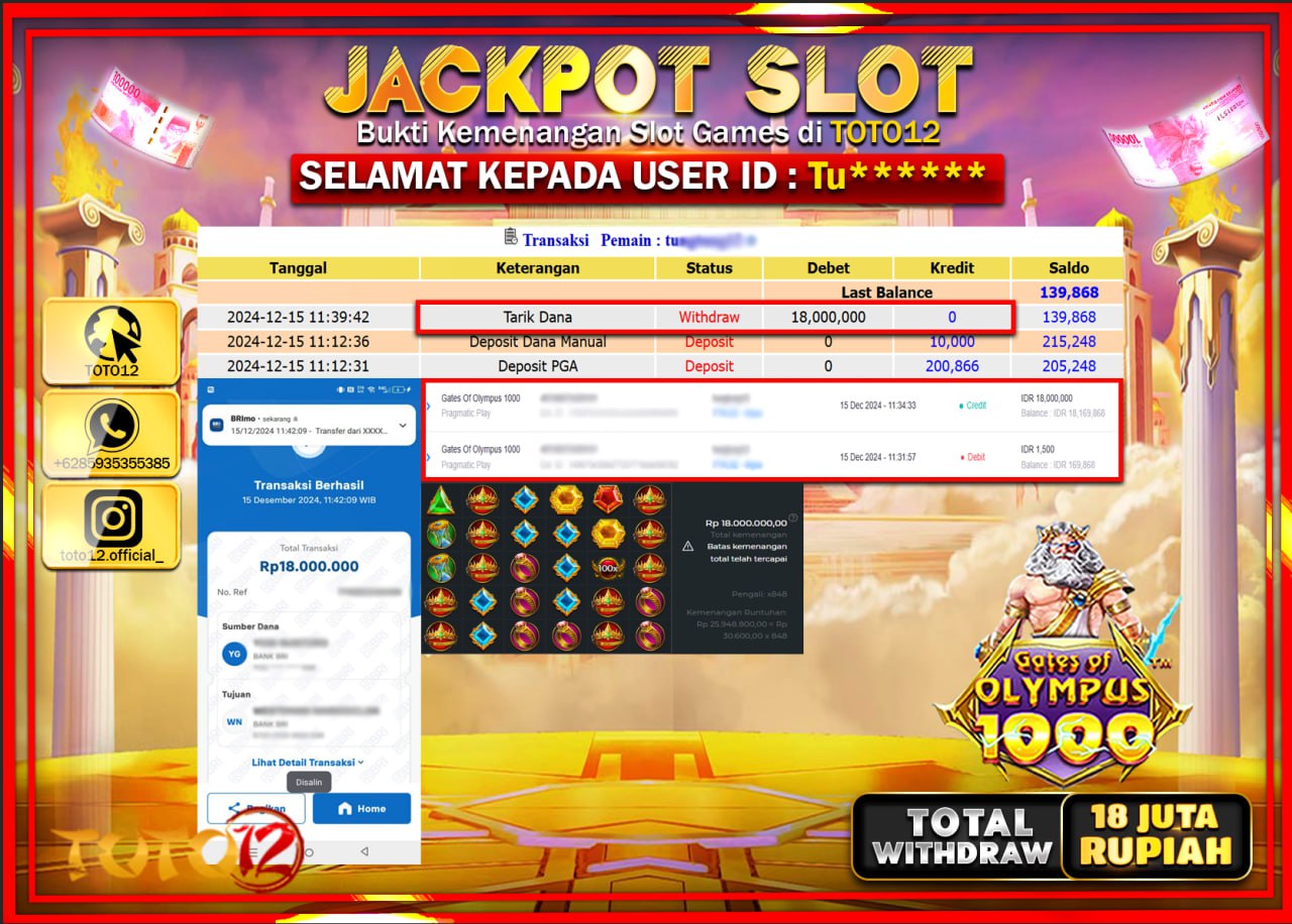 HANYA DI TOTO12 JP PASTI DI BAYAR LUNAS DAN CEPAT!!!!!! JACKPOT SLOT GAME (GATES OF OLYMPUS 1000) Rp.18.000.000 !!!!