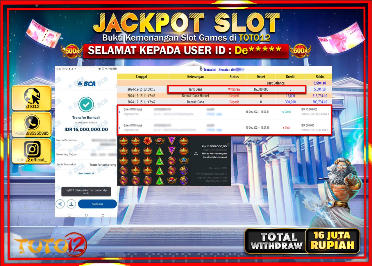 HANYA DI TOTO12 JP PASTI DI BAYAR LUNAS DAN CEPAT!!!!!! JACKPOT SLOT GAME (GATES OF OLYMPUS) Rp.16.000.000 !!!!