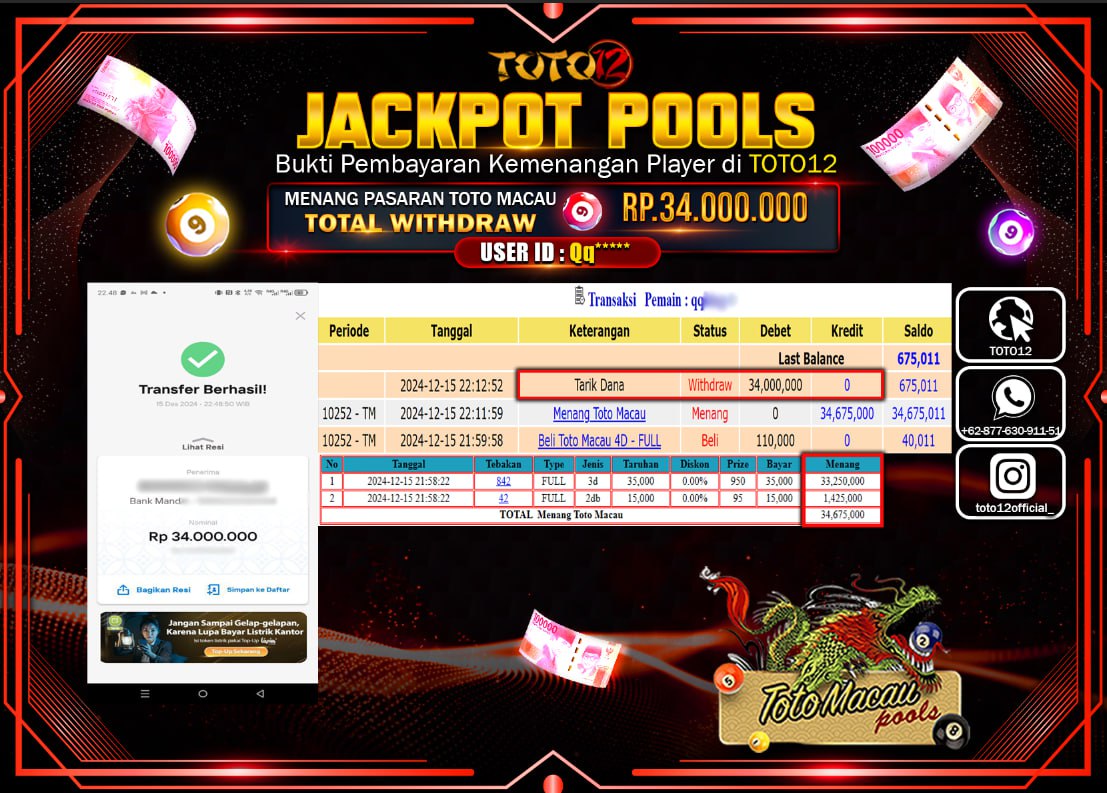 HANYA DI TOTO12 JP PASTI DI BAYAR LUNAS DAN CEPAT!!!!!! JACKPOT POOLS PASARAN (TOTO MACAU) Rp.34.000.000 !!!!