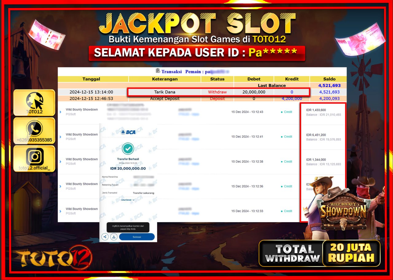 HANYA DI TOTO12 JP PASTI DI BAYAR LUNAS DAN CEPAT!!!!!! JACKPOT SLOT GAME (WILD BOUNTY SHOWDOWN) Rp.20.000.000 !!!!