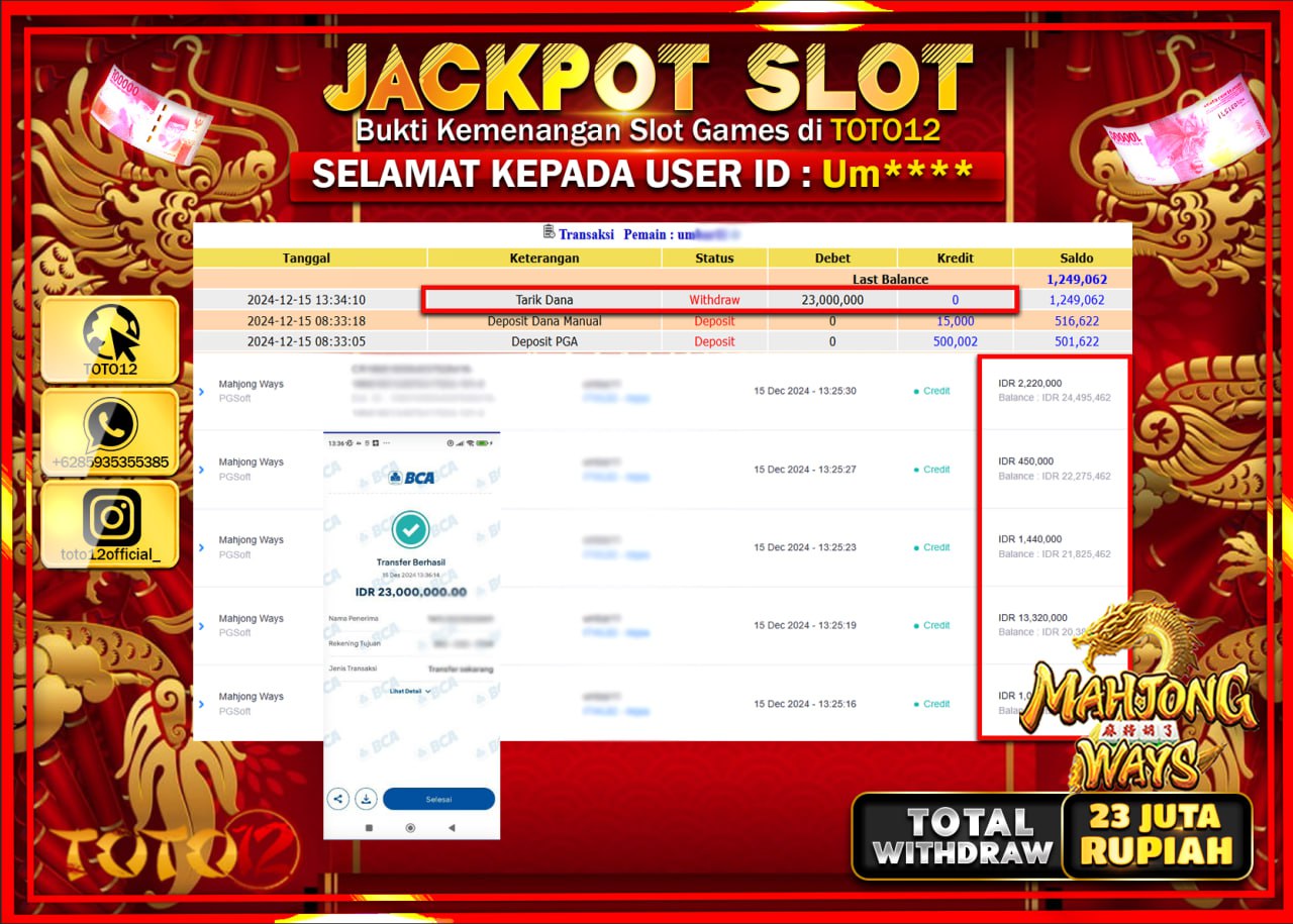HANYA DI TOTO12 JP PASTI DI BAYAR LUNAS DAN CEPAT!!!!!! JACKPOT SLOT GAME (MAHJONG WAYS) Rp.23.000.000 !!!!