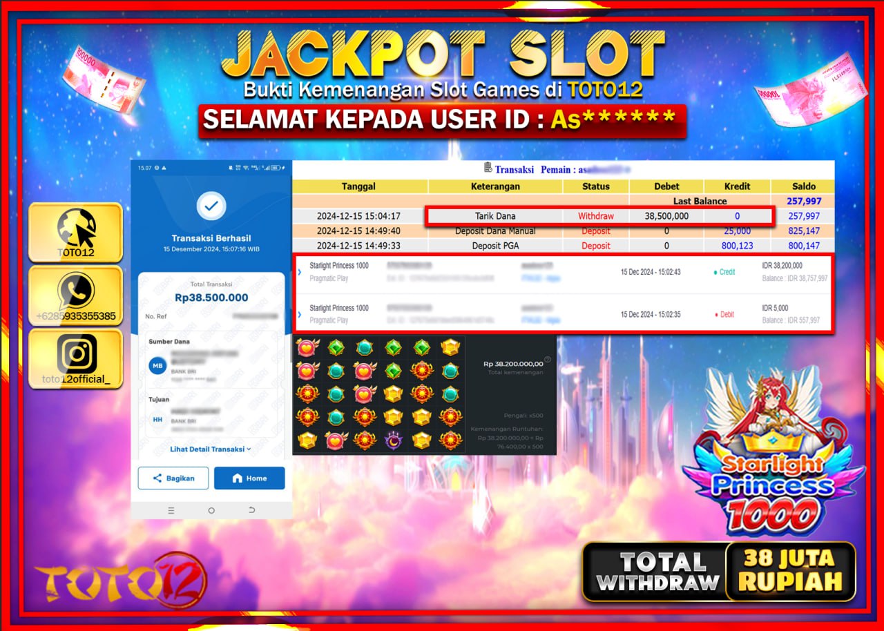 HANYA DI TOTO12 JP PASTI DI BAYAR LUNAS DAN CEPAT!!!!!! JACKPOT SLOT GAME (STARLIGHT PRINCESS 1000) Rp.38.000.000 !!!!