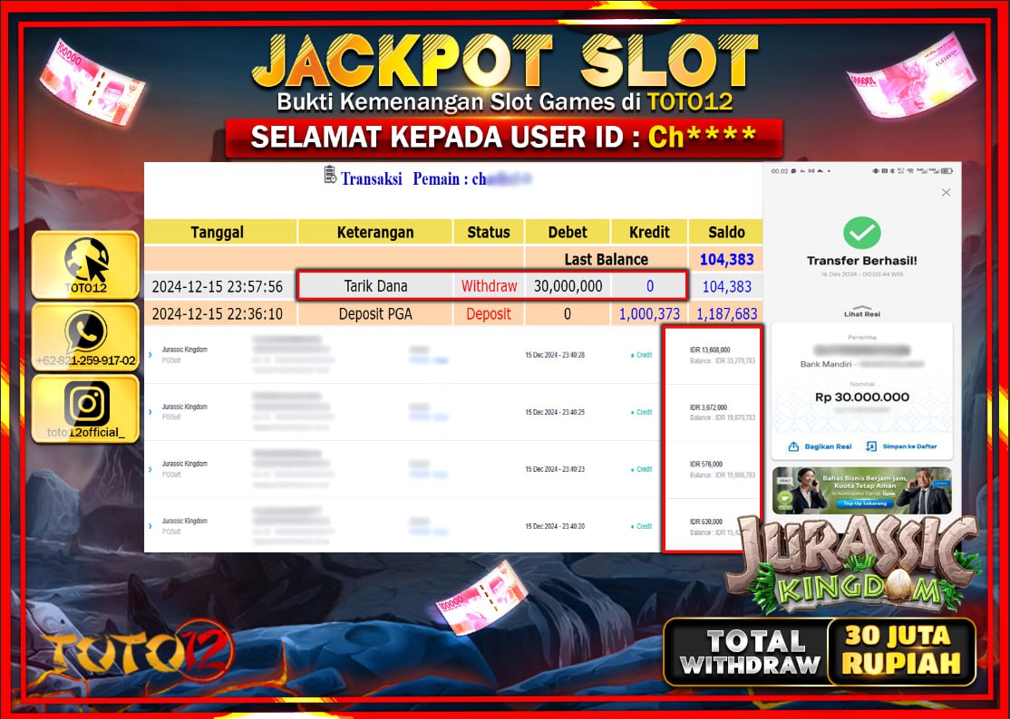 HANYA DI TOTO12 JP PASTI DI BAYAR LUNAS DAN CEPAT!!!!!! JACKPOT SLOT GAME (JURASSIC KINGDOM) Rp.30.000.000 !!!!