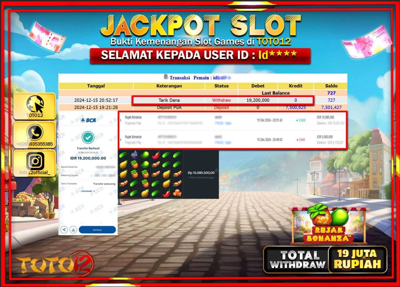 HANYA DI TOTO12 JP PASTI DI BAYAR LUNAS DAN CEPAT!!!!!! JACKPOT SLOT GAME (RUJAK BONANZA) Rp.19.000.000 !!!!
