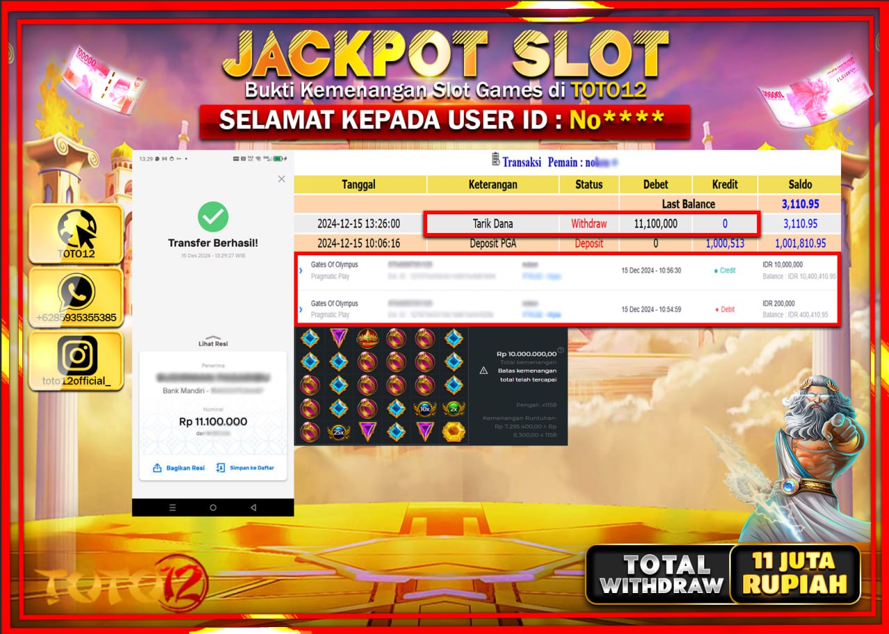 HANYA DI TOTO12 JP PASTI DI BAYAR LUNAS DAN CEPAT!!!!!! JACKPOT SLOT GAME (GATES OF OLYMPUS) Rp.11.000.000 !!!!