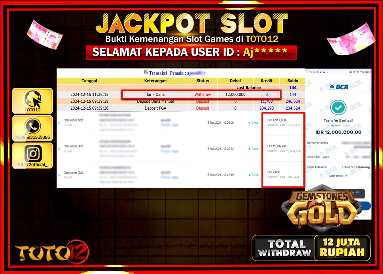 HANYA DI TOTO12 JP PASTI DI BAYAR LUNAS DAN CEPAT!!!!!! JACKPOT SLOT GAME (GEMSTONES GOLD) Rp.12.000.000 !!!!