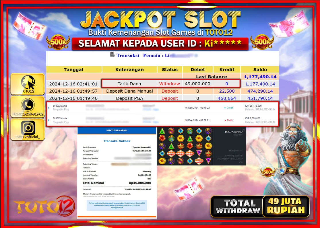 HANYA DI TOTO12 JP PASTI DI BAYAR LUNAS DAN CEPAT!!!!!! JACKPOT SLOT GAME (5000X MANIA) Rp.49.000.000 !!!!