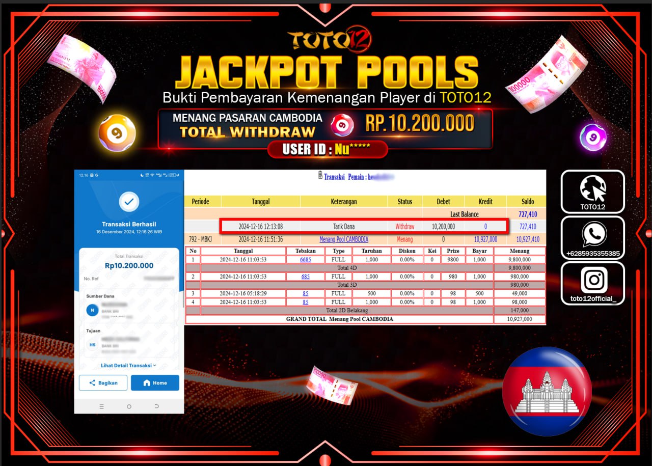 HANYA DI TOTO12 JP PASTI DI BAYAR LUNAS DAN CEPAT!!!!!! JACKPOT POOLS PASARAN (CAMBODIA) Rp.10.200.000 !!!!