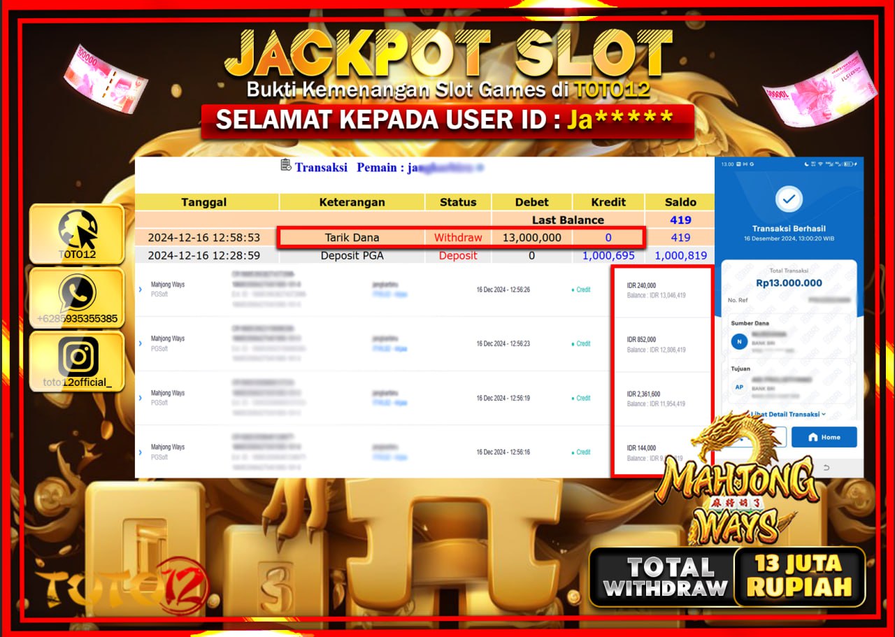 HANYA DI TOTO12 JP PASTI DI BAYAR LUNAS DAN CEPAT!!!!!! JACKPOT SLOT GAME (MAHJONG WAYS) Rp.13.000.000 !!!!