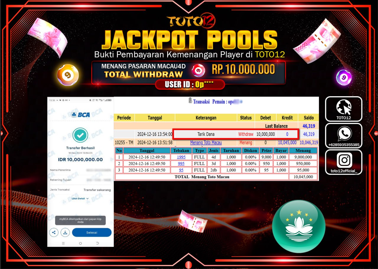 HANYA DI TOTO12 JP PASTI DI BAYAR LUNAS DAN CEPAT!!!!!! JACKPOT POOLS PASARAN (TOTO MACAU) Rp.10.000.000 !!!!