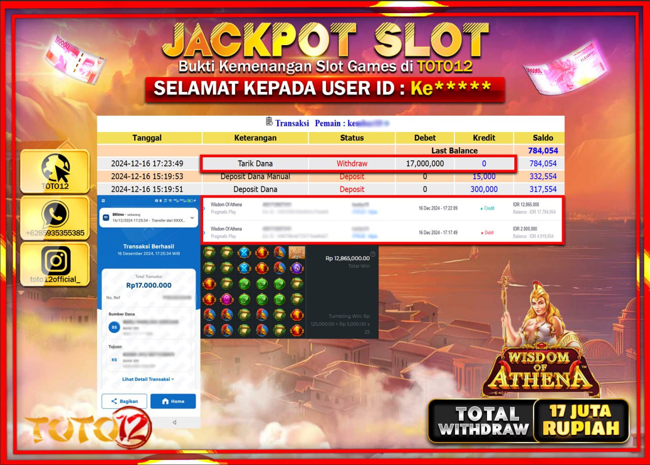 HANYA DI TOTO12 JP PASTI DI BAYAR LUNAS DAN CEPAT!!!!!! JACKPOT SLOT GAME (WISDOM OF ATHENA) Rp.17.000.000 !!!!