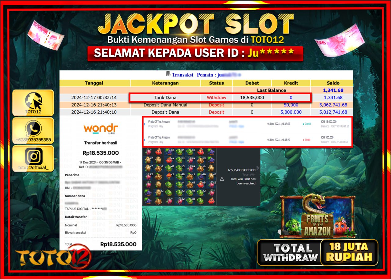 HANYA DI TOTO12 JP PASTI DI BAYAR LUNAS DAN CEPAT!!!!!! JACKPOT SLOT GAME (FRUITS OF THE AMAZON) Rp.18.000.000 !!!!