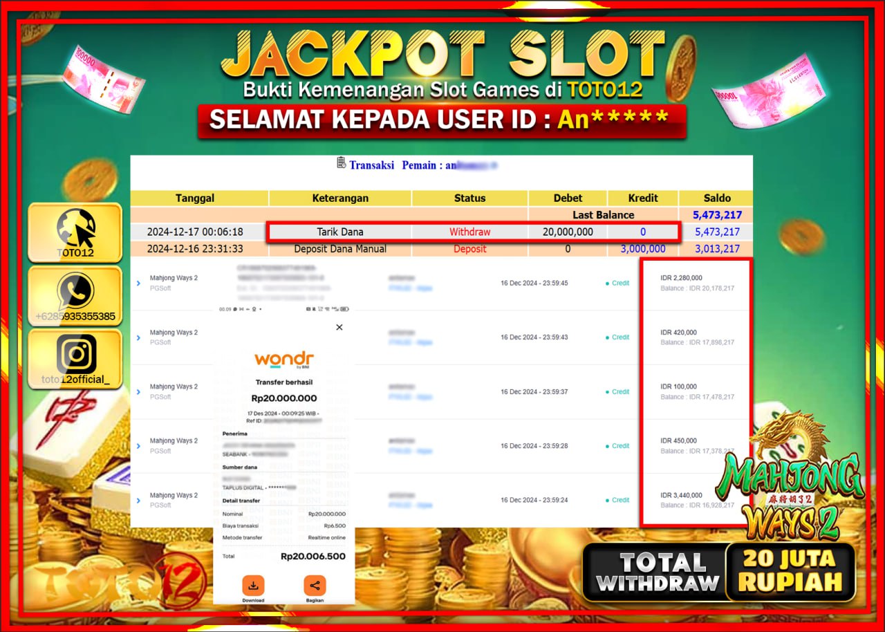 HANYA DI TOTO12 JP PASTI DI BAYAR LUNAS DAN CEPAT!!!!!! JACKPOT SLOT GAME (MAHJONG WAYS 2) Rp.20.000.000 !!!!