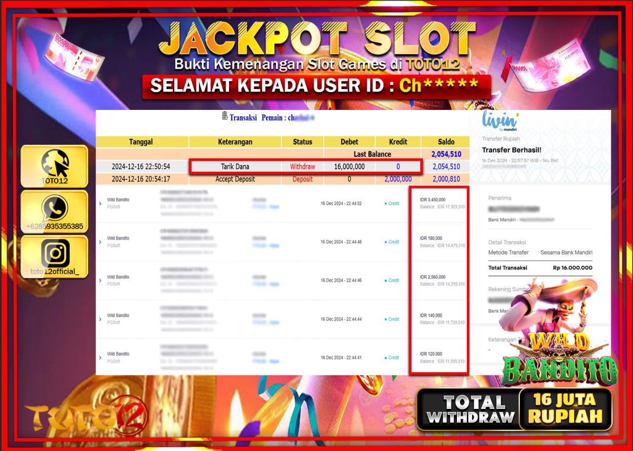 HANYA DI TOTO12 JP PASTI DI BAYAR LUNAS DAN CEPAT!!!!!! JACKPOT SLOT GAME (WILD BANDITO) Rp.16.000.000 !!!!