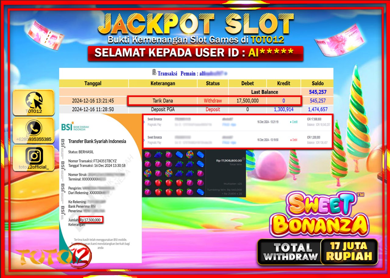 HANYA DI TOTO12 JP PASTI DI BAYAR LUNAS DAN CEPAT!!!!!! JACKPOT SLOT GAME (SWEET BONANZA) Rp.17.000.000 !!!!
