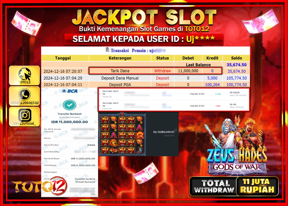 HANYA DI TOTO12 JP PASTI DI BAYAR LUNAS DAN CEPAT!!!!!! JACKPOT SLOT GAME (ZEUS VS HADES GODS OF WAR) Rp.11.000.000 !!!!