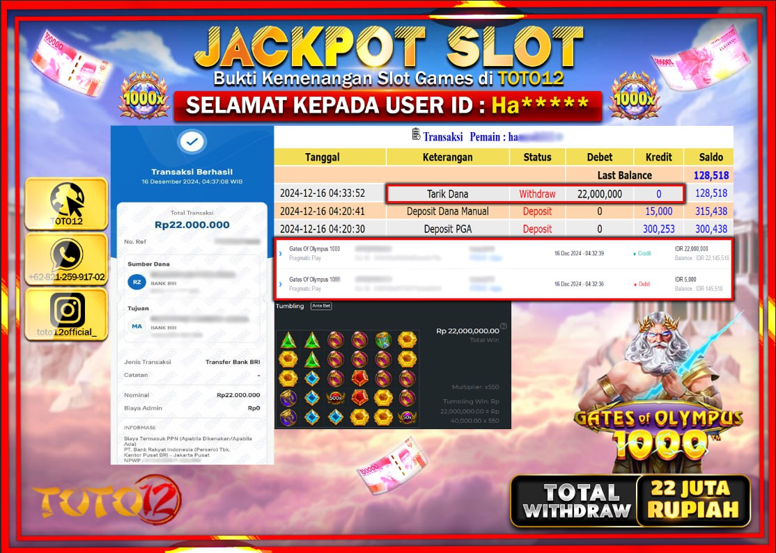 HANYA DI TOTO12 JP PASTI DI BAYAR LUNAS DAN CEPAT!!!!!! JACKPOT SLOT GAME (GATES OF OLYMPUS 1000) Rp.22.000.000 !!!!