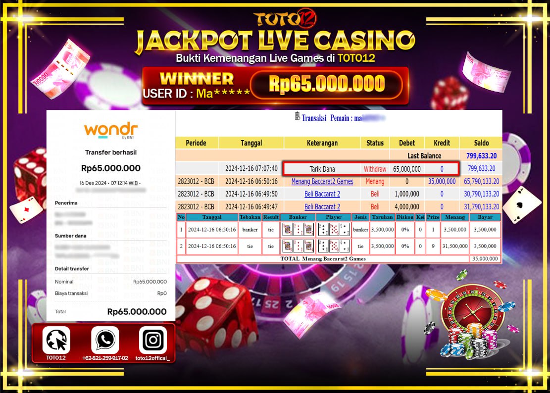HANYA DI TOTO12 JP PASTI DI BAYAR LUNAS DAN CEPAT!!!!!! JACKPOT LIVE GAMES CASINO (BACCARAT 2) Rp.65.000.000 !!!!