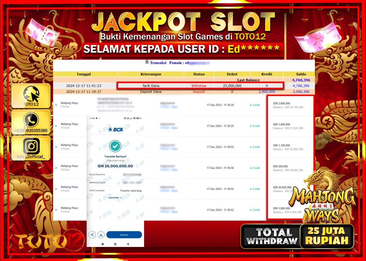 HANYA DI TOTO12 JP PASTI DI BAYAR LUNAS DAN CEPAT!!!!!! JACKPOT SLOT GAME (MAHJONG WAYS) Rp.25.000.000 !!!!