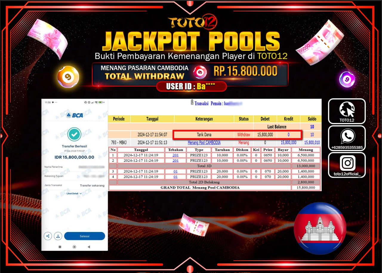 HANYA DI TOTO12 JP PASTI DI BAYAR LUNAS DAN CEPAT!!!!!! JACKPOT POOLS PASARAN (CAMBODIA) Rp.15.800.000 !!!!