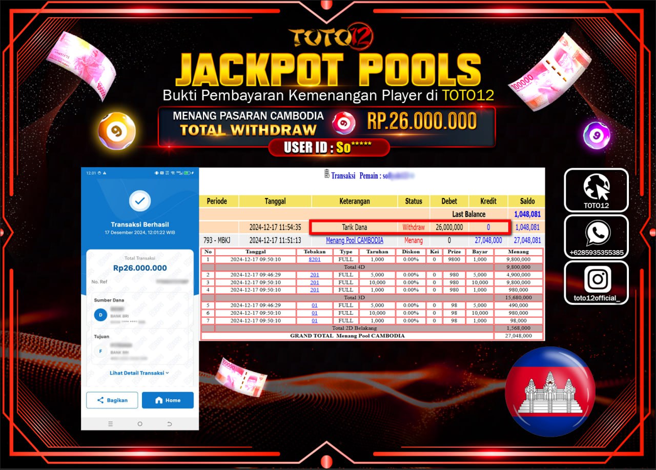 HANYA DI TOTO12 JP PASTI DI BAYAR LUNAS DAN CEPAT!!!!!! JACKPOT POOLS PASARAN (CAMBODIA) Rp.26.000.000 !!!!