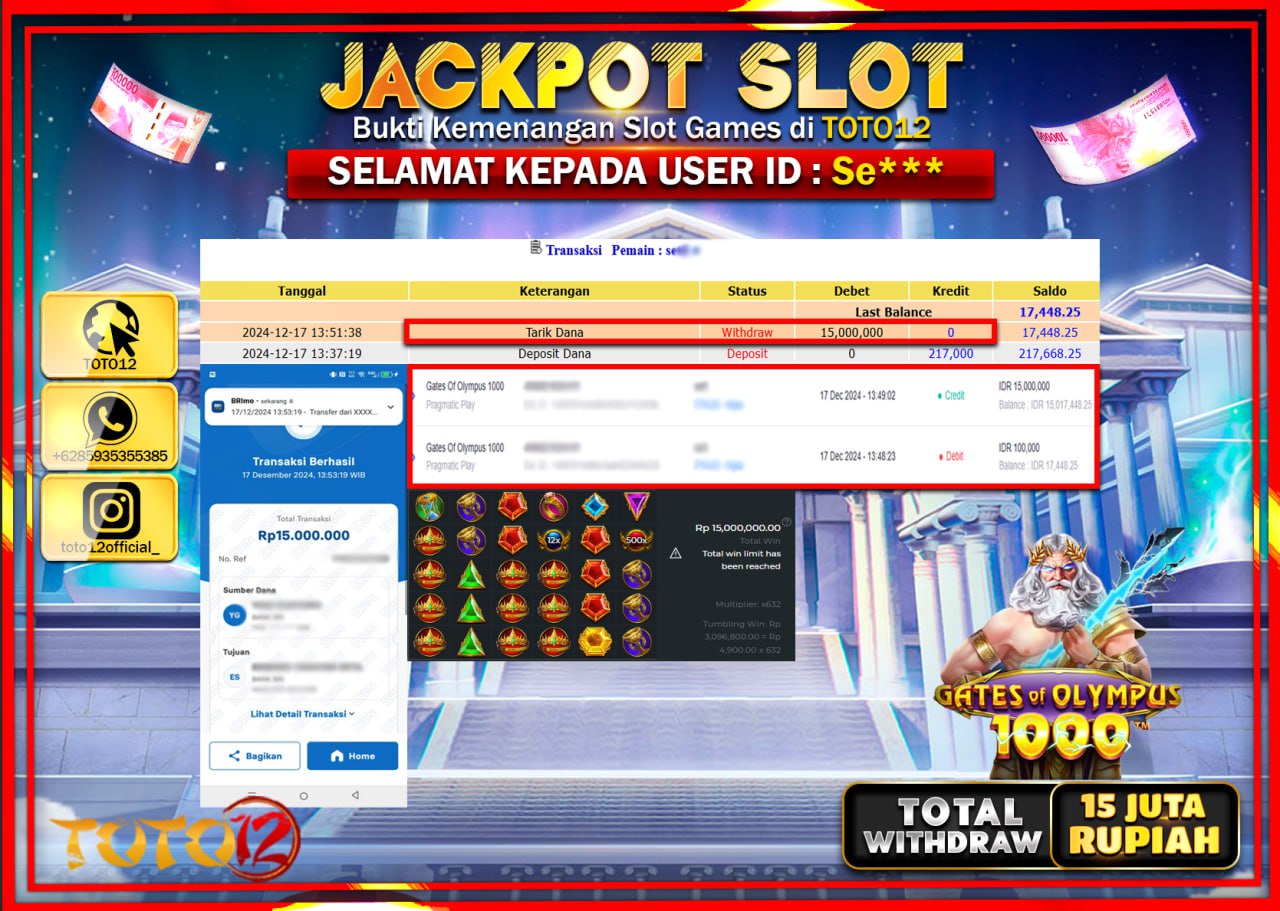 HANYA DI TOTO12 JP PASTI DI BAYAR LUNAS DAN CEPAT!!!!!! JACKPOT SLOT GAME (GATES OF OLYMPUS 1000) Rp.15.000.000 !!!!