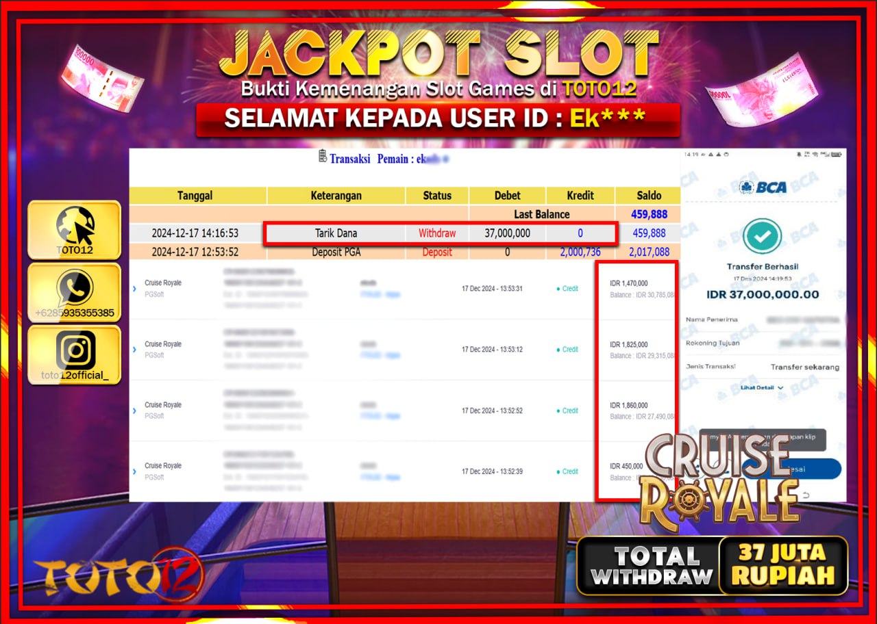 HANYA DI TOTO12 JP PASTI DI BAYAR LUNAS DAN CEPAT!!!!!! JACKPOT SLOT GAME (CRUISE ROYALE) Rp.37.000.000 !!!!