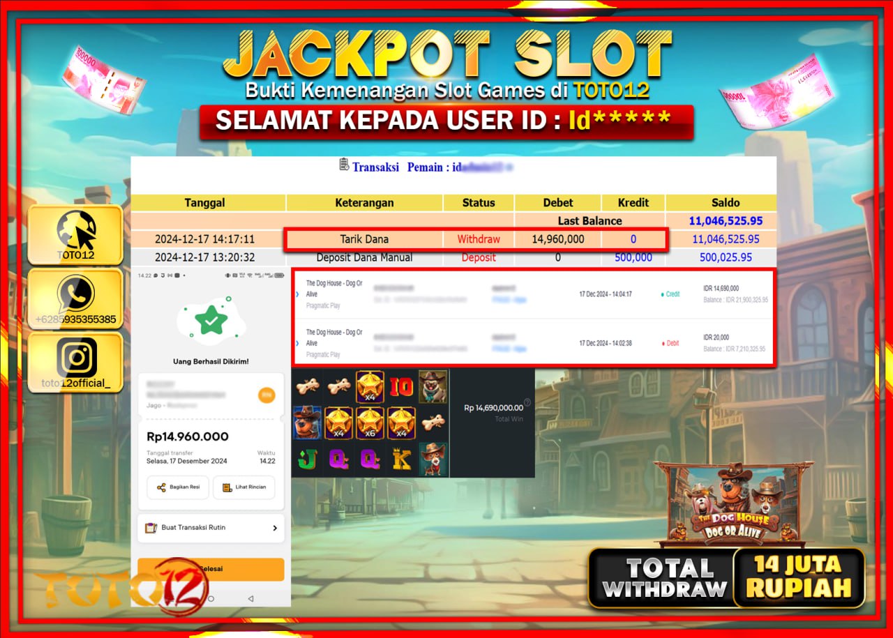 HANYA DI TOTO12 JP PASTI DI BAYAR LUNAS DAN CEPAT!!!!!! JACKPOT SLOT GAME (THE DOG HOUSE DOG OR ALIVE) Rp.14.000.000 !!!!