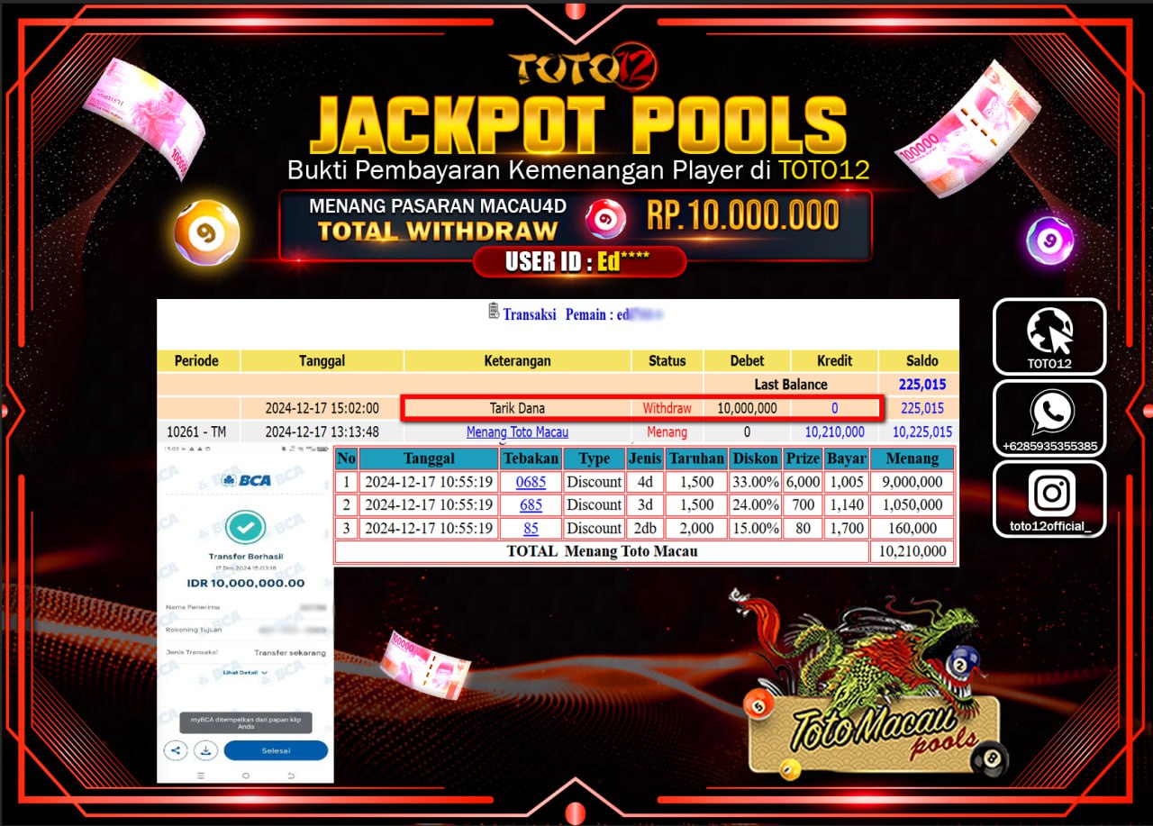 HANYA DI TOTO12 JP PASTI DI BAYAR LUNAS DAN CEPAT!!!!!! JACKPOT POOLS PASARAN (TOTO MACAU) Rp.10.000.000 !!!!