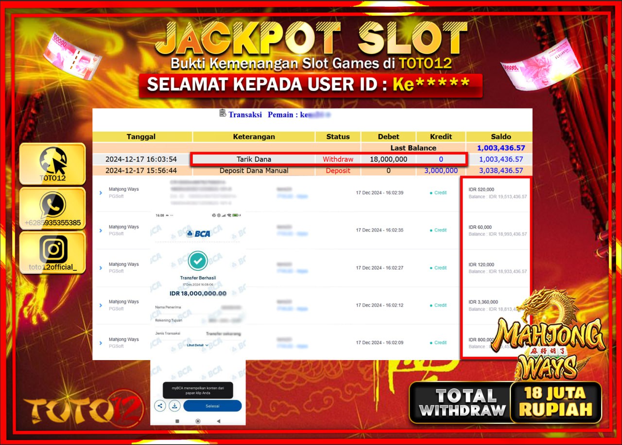 HANYA DI TOTO12 JP PASTI DI BAYAR LUNAS DAN CEPAT!!!!!! JACKPOT SLOT GAME (MAHJONG WAYS) Rp.18.000.000 !!!!