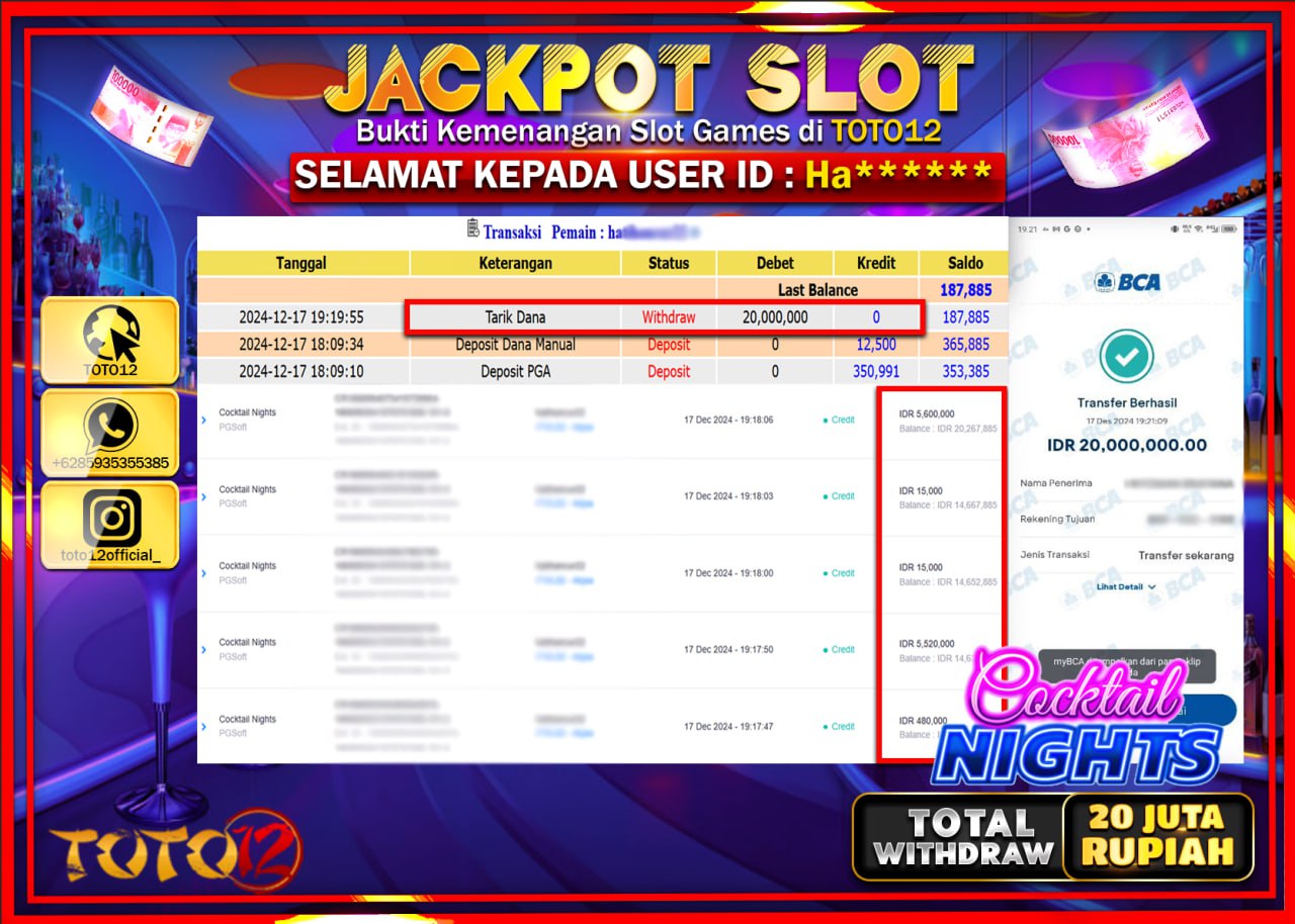HANYA DI TOTO12 JP PASTI DI BAYAR LUNAS DAN CEPAT!!!!!! JACKPOT SLOT GAME (COCKTAIL NIGHTS) Rp.20.000.000 !!!!