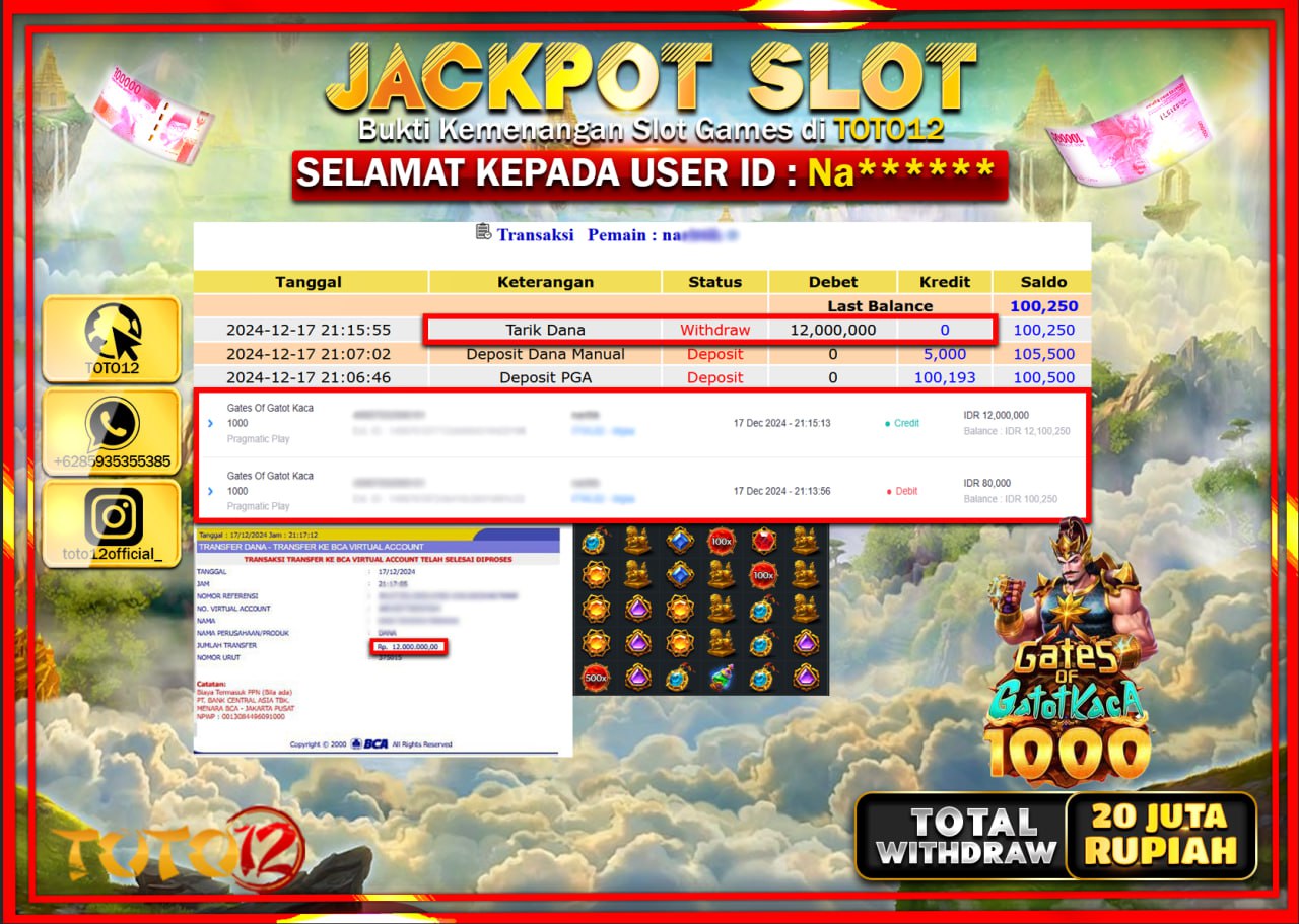 HANYA DI TOTO12 JP PASTI DI BAYAR LUNAS DAN CEPAT!!!!!! JACKPOT SLOT GAME (GATES OF GATOT KACA 1000) Rp.20.000.000 !!!!