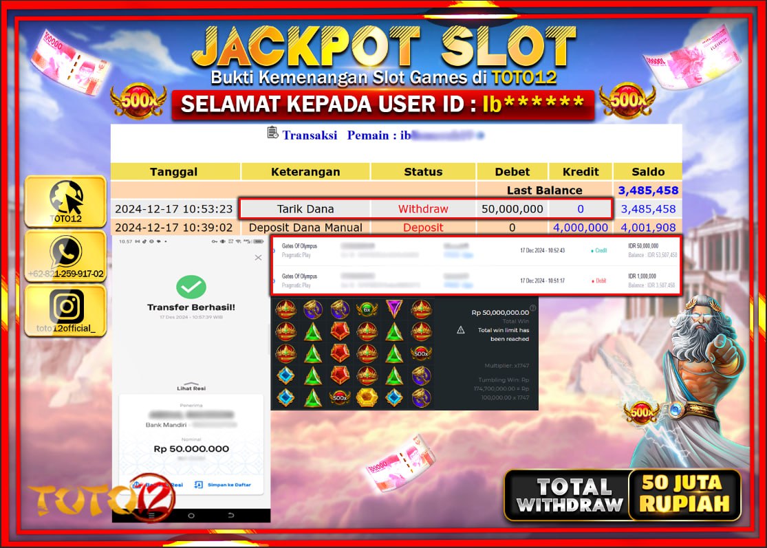 HANYA DI TOTO12 JP PASTI DI BAYAR LUNAS DAN CEPAT!!!!!! JACKPOT SLOT GAME (GATES OF OLYMPUS) Rp.50.000.000 !!!!