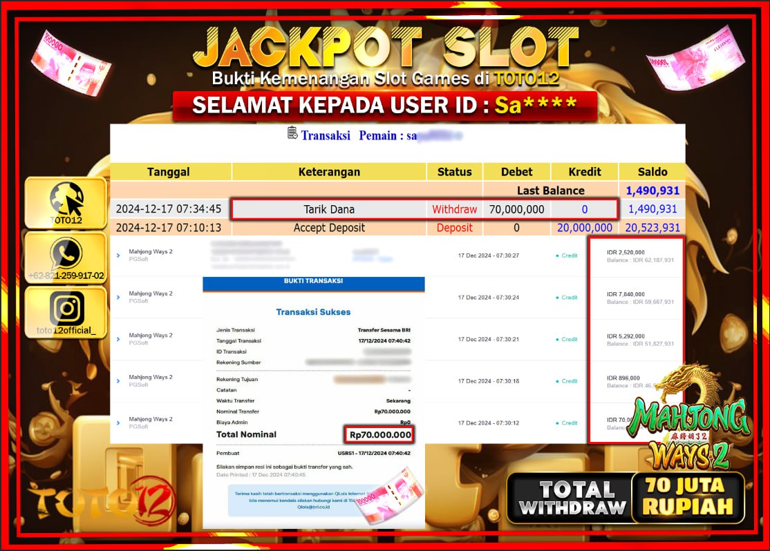 HANYA DI TOTO12 JP PASTI DI BAYAR LUNAS DAN CEPAT!!!!!! JACKPOT SLOT GAME (MAHJONG WAYS 2) Rp.70.000.000 !!!!