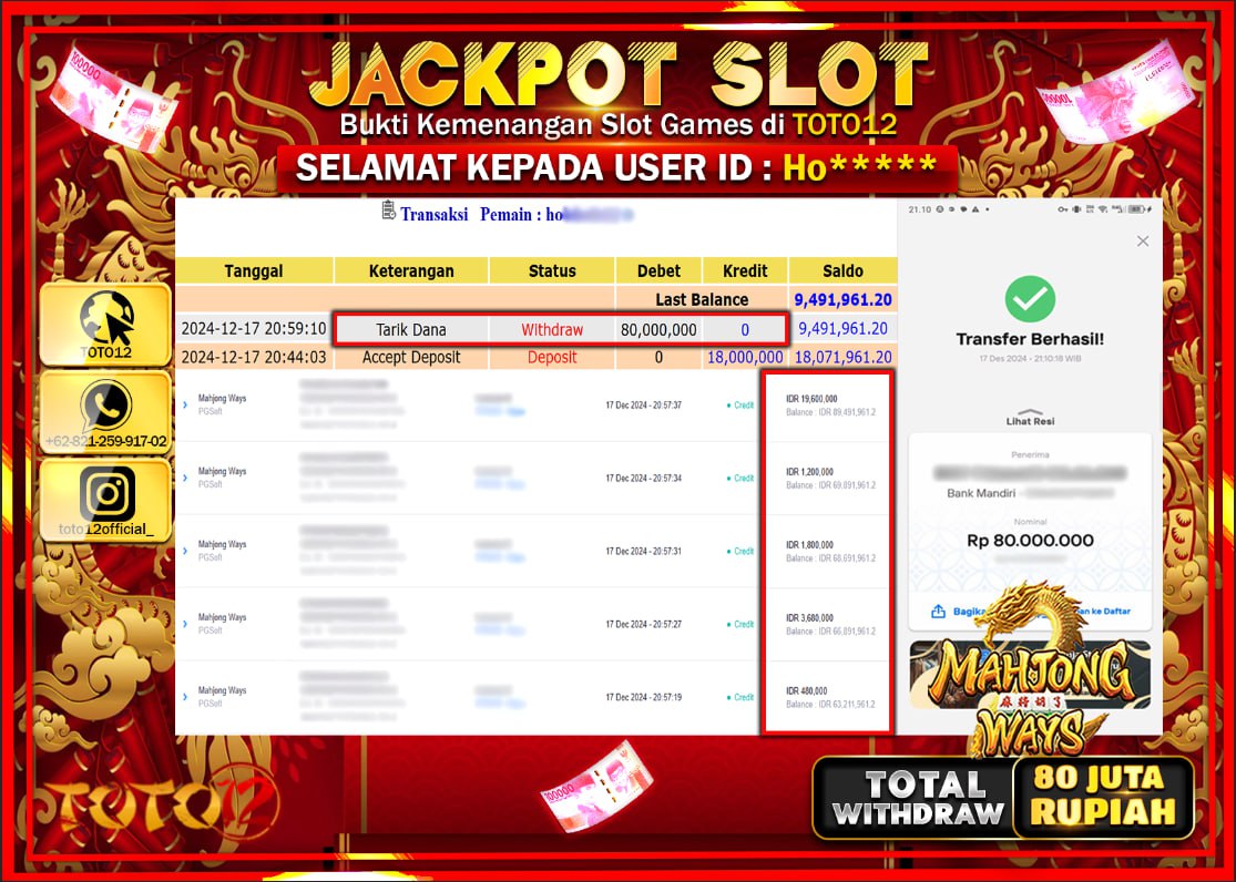 HANYA DI TOTO12 JP PASTI DI BAYAR LUNAS DAN CEPAT!!!!!! JACKPOT SLOT GAME (MAHJONG WAYS) Rp.80.000.000 !!!!