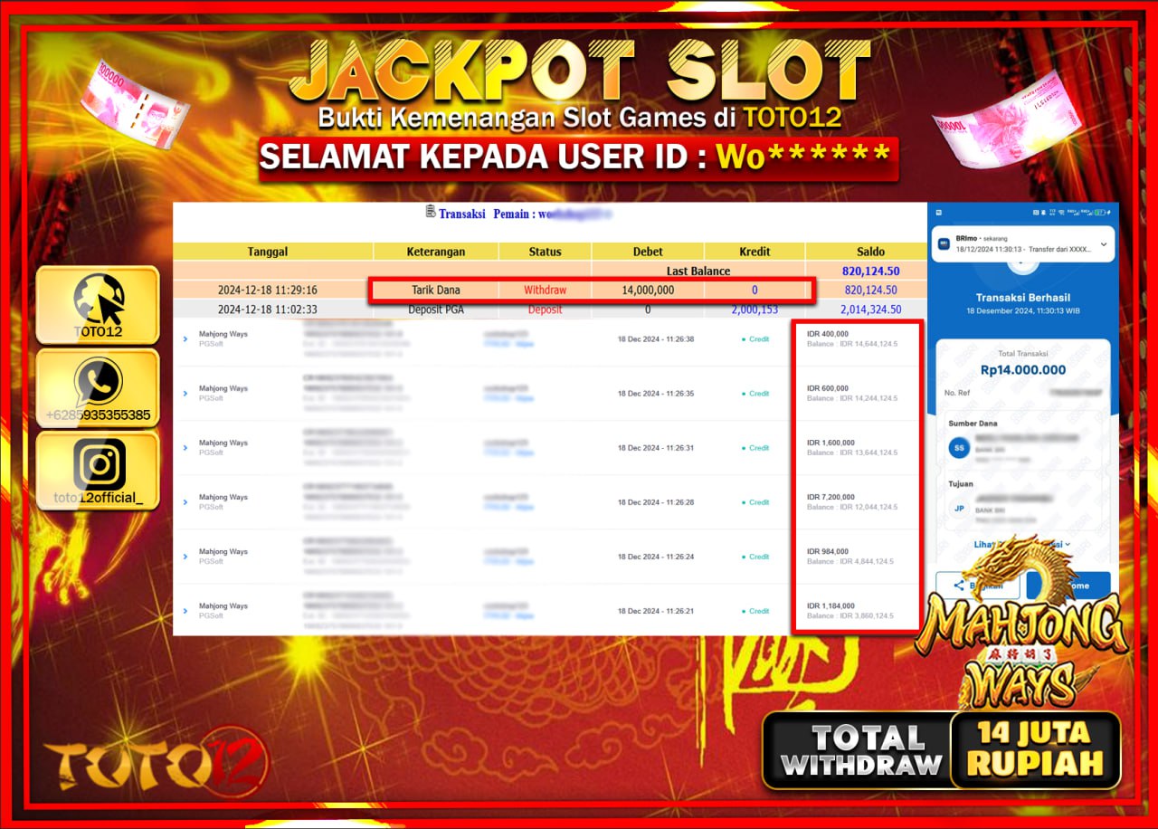 HANYA DI TOTO12 JP PASTI DI BAYAR LUNAS DAN CEPAT!!!!!! JACKPOT SLOT GAME (MAHJONG WAYS) Rp.14.000.000 !!!!
