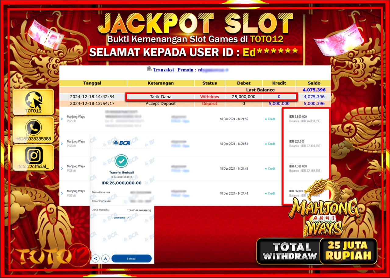 HANYA DI TOTO12 JP PASTI DI BAYAR LUNAS DAN CEPAT!!!!!! JACKPOT SLOT GAME (MAHJONG WAYS) Rp.25.000.000 !!!!