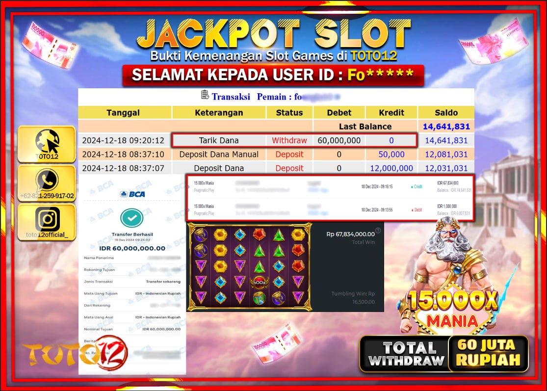 HANYA DI TOTO12 JP PASTI DI BAYAR LUNAS DAN CEPAT!!!!!! JACKPOT SLOT GAME (15.000X MANIA) Rp.60.000.000 !!!!
